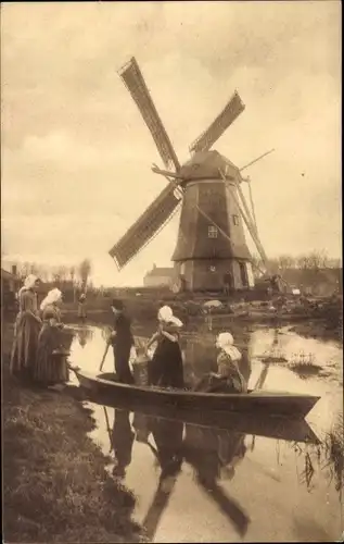 Ak Niederlande, Flusspartie, Ruderboot, Windmühle, Niederländische Tracht