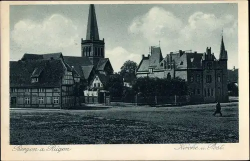 Ak Bergen Insel Rügen, Kirche und Post