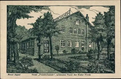 Künstler Ak Heikendorf an der Kieler Förde, Hotel Friedrichshöh, Monat August