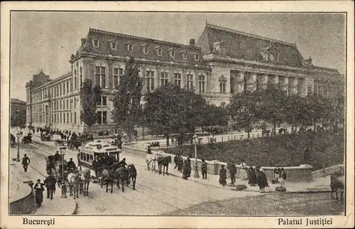 Ak București Bukarest Rumänien, Justizpalast, Pferdestraßenbahn