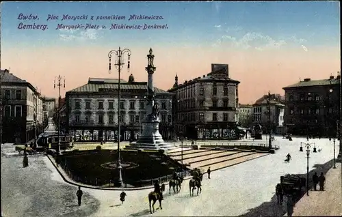 Ak Lwiw Lwów Lemberg Ukraine, Maryacki-Platz, Mickiewicz-Denkmal