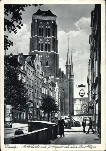 Ak Gdańsk Danzig, Marienkirche und Jopengasse mit alten Beischlägen