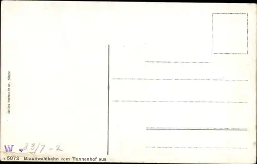 Ak Kanton Glarus Schweiz, Braunwaldbahn, Standseilbahn vom Tannenhof aus