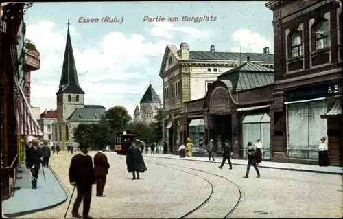 Ak Essen im Ruhrgebiet Nordrhein Westfalen, Burgplatz, Straßenbahn