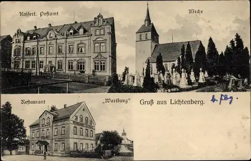 Ak Lichtenberg im Erzgebirge, Kaiserliches Postamt, Kirche, Restaurant Wartburg