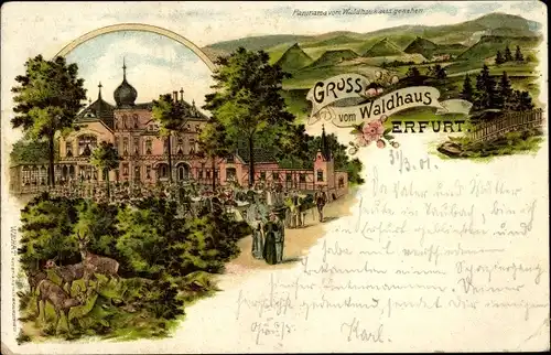 Litho Erfurt in Thüringen, Gastwirtschaft Waldhaus, Panorama