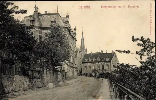 Ak Leisnig in Sachsen, Bergstraße, Postamt, Gasthaus Bastei