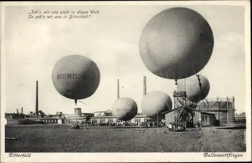 Ak Bitterfeld in Sachsen Anhalt, Ballonwettfliegen, Gasballons, Fabrikanlagen