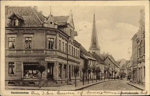 Ak Sandersleben in Anhalt, Schlossstraße, Kirchturm, Geschäft Reinhold Brieg