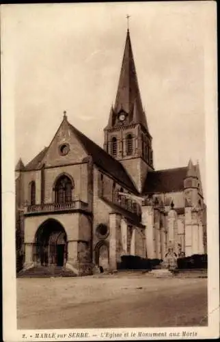 Ak Marle sur Serre Aisne, Kirche und Kriegsdenkmal