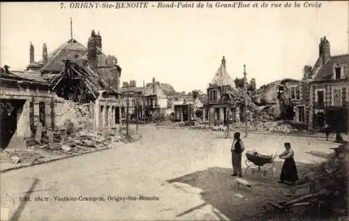 Ak Origny Sainte Benoite Aisne, Rond-Point de la Grande Rue, Rue de la Croix