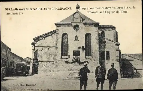 Ak Hans-Marne, Gedenktafel des Kolonialarmeekorps an der Hanskirche