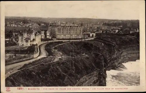 Ak Biarritz Pyrénées Atlantiques, Blick vom Leuchtturm auf das Hotel Regina