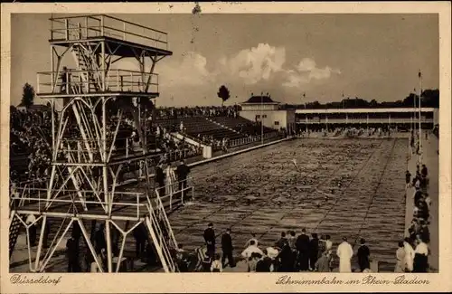 Ak Düsseldorf am Rhein, Schwimmbahn im Rhein Stadion, Sprungturm