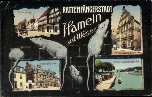 Ak Hameln in Niedersachsen, Osterstraße, Rattenfängerhaus, Hochzeitshaus, Dampferlandungsplatz
