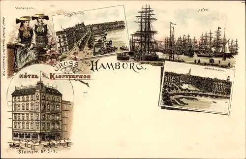 Litho Hamburg Mitte, Vierländerin, Jungfernstieg, Hafen, Steinstraße, Alsterarkaden