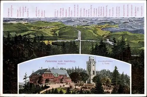 Ak Wildenthal Eibenstock im Erzgebirge, Panorama vom Auersberg, Unterkunftshaus und Turm, Max Teller