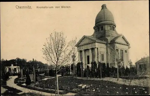 Ak Chemnitz in Sachsen, Krematorium von Westen, Friedhof