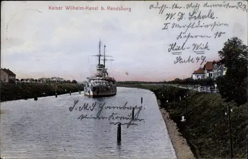 Ak Rendsburg, Kaiser Wilhelm Kanal mit Kriegsschiff