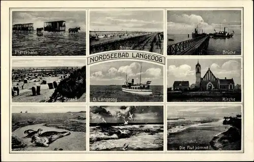 Ak Nordseebad Langeoog Ostfriesland, Brücke, die Flut kommt, Kirche, Strand, Pferdebahn