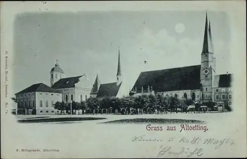 Mondschein Ak Altötting in Oberbayern, Kirche, Rathaus