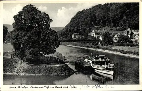 Ak Hann. Münden in Niedersachsen, Zusammenfluss v. Werra und Fulda, Dampfer am Anleger