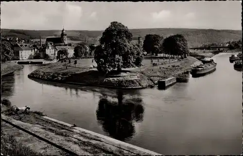Ak Hann. Münden in Niedersachsen, Zusammenfluss Werra und Fulda, Boote, Kirche