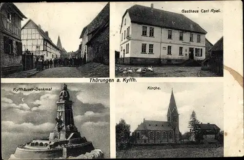 Ak Thürungen Kelbra am Kyffhäuser, Kirche, Gasthaus, Straßenpartie, Kaiser-Wilhelm-Denkmal