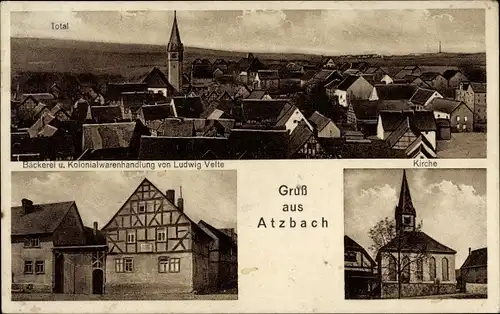 Ak Atzbach Lahnau in Hessen, Kirche, Bäckerei, Kolonialwaren-Geschäft