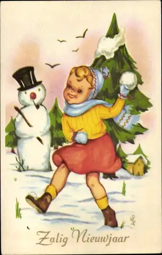 Ak Fröhliches Neujahr, Mädchen mit Schneeball, Schneemann