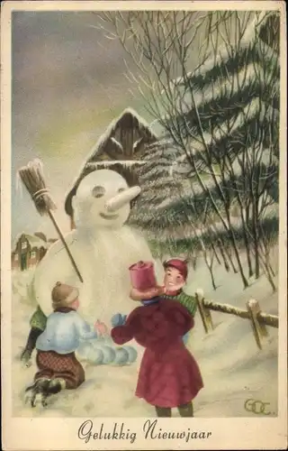 Ak Fröhliches Neujahr, Kinder bauen einen Schneemann
