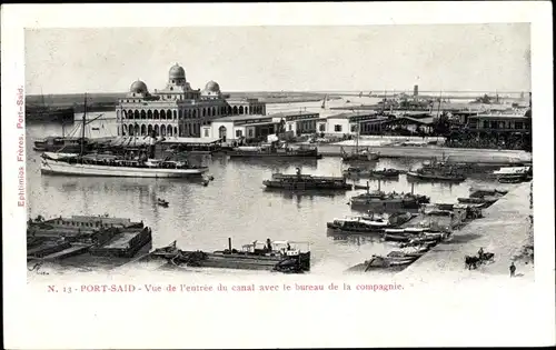 Ak Port Said Ägypten, Vue de l'entree du canal avec le bureau de la compagnie