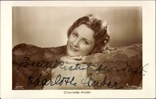 Ak Schauspielerin Charlotte Ander, Portrait, Autogramm