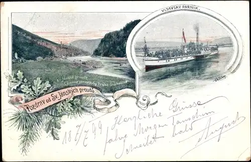 Künstler Litho Štěchovice u Prahy Stiechowitz Mittelböhmen, Dampfer, Fluss, Hügel