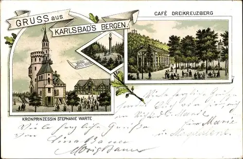 Litho Karlovy Vary Karlsbad Stadt, Cafe Dreikreuzberg, Kronprinzessin-Stephanie-Warte