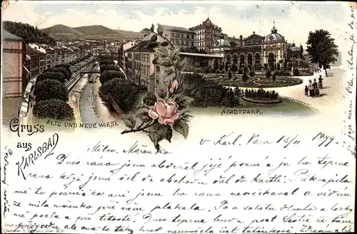 Litho Karlovy Vary Karlsbad Stadt, Alte und neue Wiese, Stadtpark