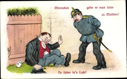 Künstler Ak Scheuermann, Willi, Männeken, gehn se man heim zu Muttern, Ne lieber in's Loch