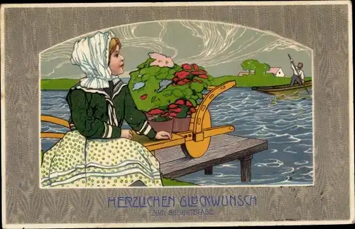 Präge Ak Glückwunsch Ostern, Frau mit Schubkarre wartet auf die Fähre