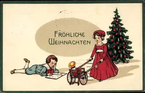 Präge Ak Frohe Weihnachten, Tannenbaum, Mädchen mit Puppenwagen