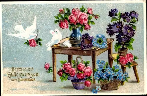 Ak Glückwunsch Namenstag, Tauben, Blumen, Rosen, Vergissmeinnicht