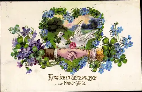 Ak Glückwunsch Namenstag, Tauben, Blumen, Händedruck, Vergissmeinnicht, Glücksklee