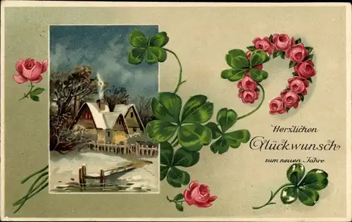 Ak Glückwunsch Neujahr, Kleeblätter, Rosen, Winterlandschaft, Haus