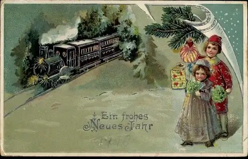 Ak Glückwunsch Neujahr, Kinder, Tannenzweige, Eisenbahn