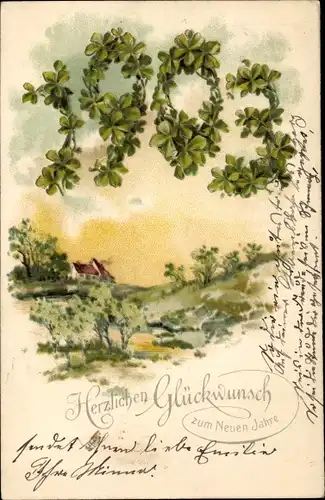 Litho Glückwunsch Neujahr 1903, Glücksklee