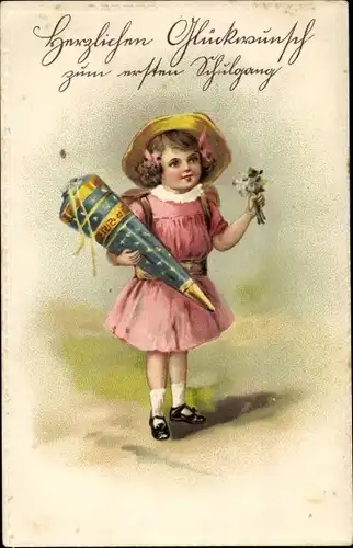 Präge Ak Glückwunsch Einschulung, Mädchen, Zuckertüte, Blumen