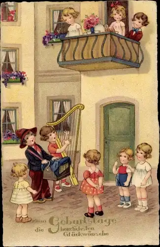 Ak Glückwunsch Geburtstag, Kinder, Gratulanten, Geburtstagskind, Musikinstrument