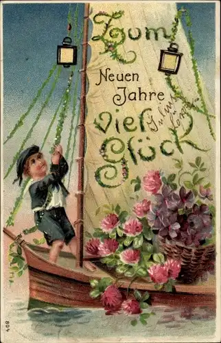 Präge Ak Glückwunsch Neujahr, Segelboot, Seemann, Veilchen, Kleeblätter