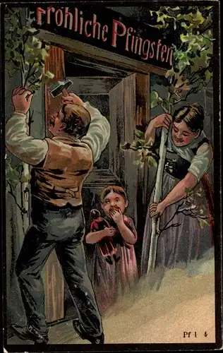 Präge Litho Glückwunsch Pfingsten, Kind mit Puppe, Wohnhaus, Hammer, Reparatur