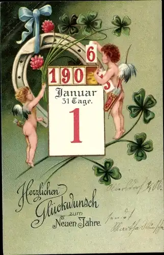 Ak Glückwunsch Neujahr 1906, Kalender, Glücksklee, Engel, Hufeisen