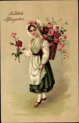 Präge Ak Glückwunsch Pfingsten, Frau in Tracht, Rosen, Blumenkorb